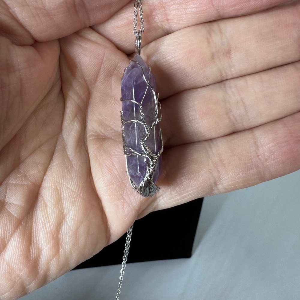 Silver and Purple Wire-Wrapped Pendant Necklace